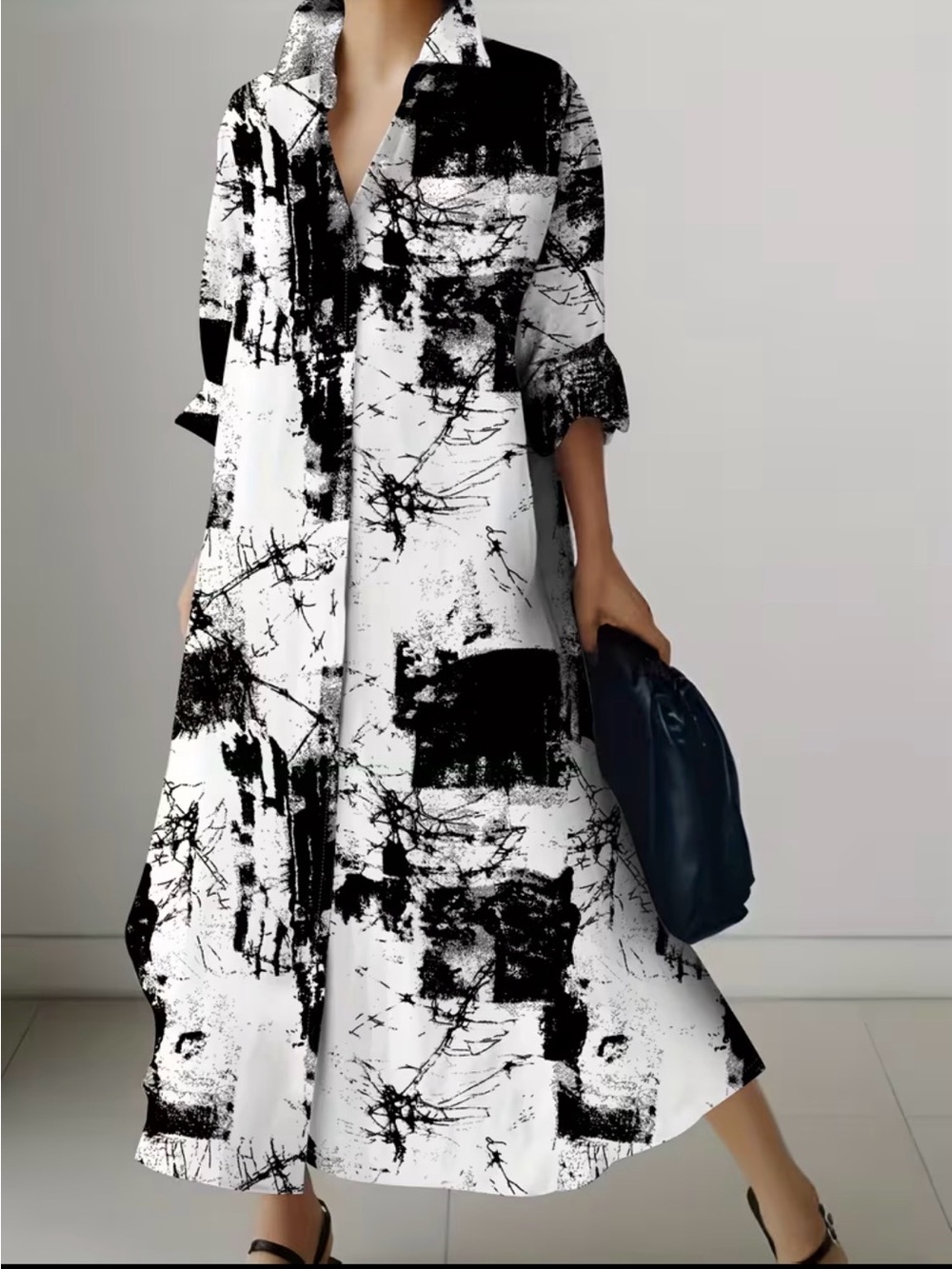 black-and-white abstract print maxi shirt dress